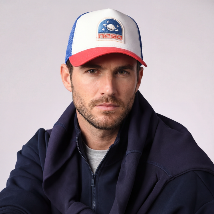 Apollo 17 Trucker Cap by Sand and Camels - model wearing the cap